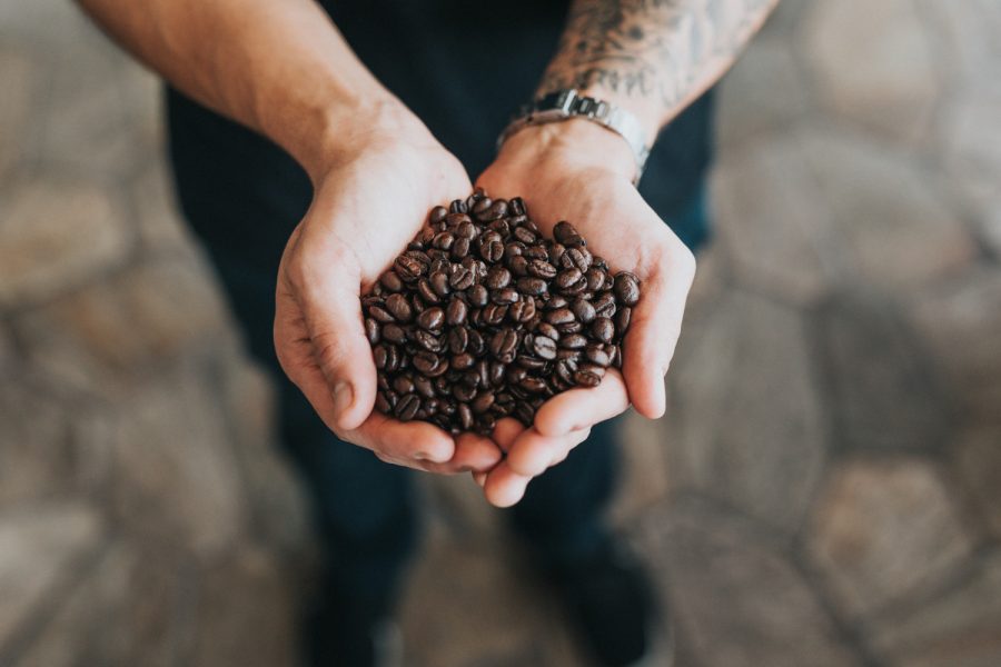 Granos de cafe sostenidos por una persona con ambas manos